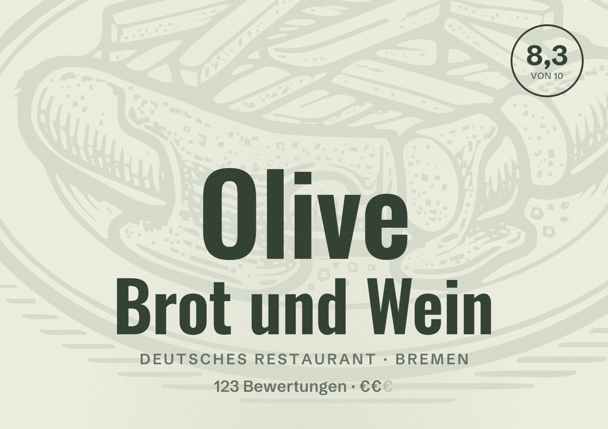 Illustriertes Poster von Olive Brot und Wein, Deutsches Restaurant in Bremen: Bewertung 8,3 von 10 aus 123 Bewertungen, Preisniveau €€