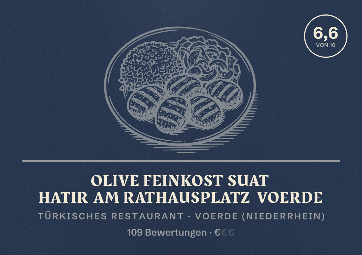 Illustriertes Poster von Olive Feinkost Suat Hatir am Rathausplatz Voerde, Türkisches Restaurant in Voerde (Niederrhein): Bewertung 6,6 von 10 aus 109 Bewertungen, Preisniveau €