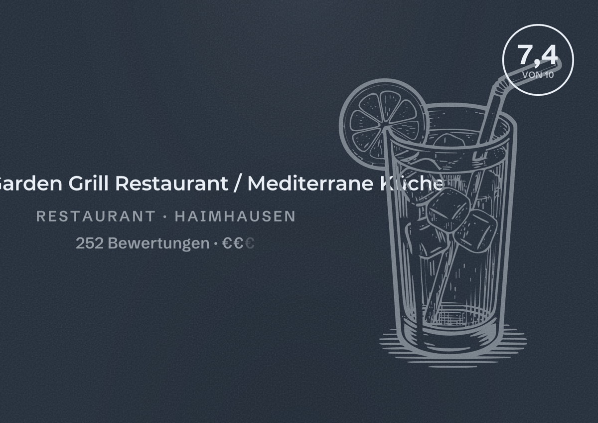 Illustriertes Poster von Olive Garden Grill Restaurant / Mediterrane Küche, Restaurant in Haimhausen: Bewertung 7,4 von 10 aus 252 Bewertungen, Preisniveau €€