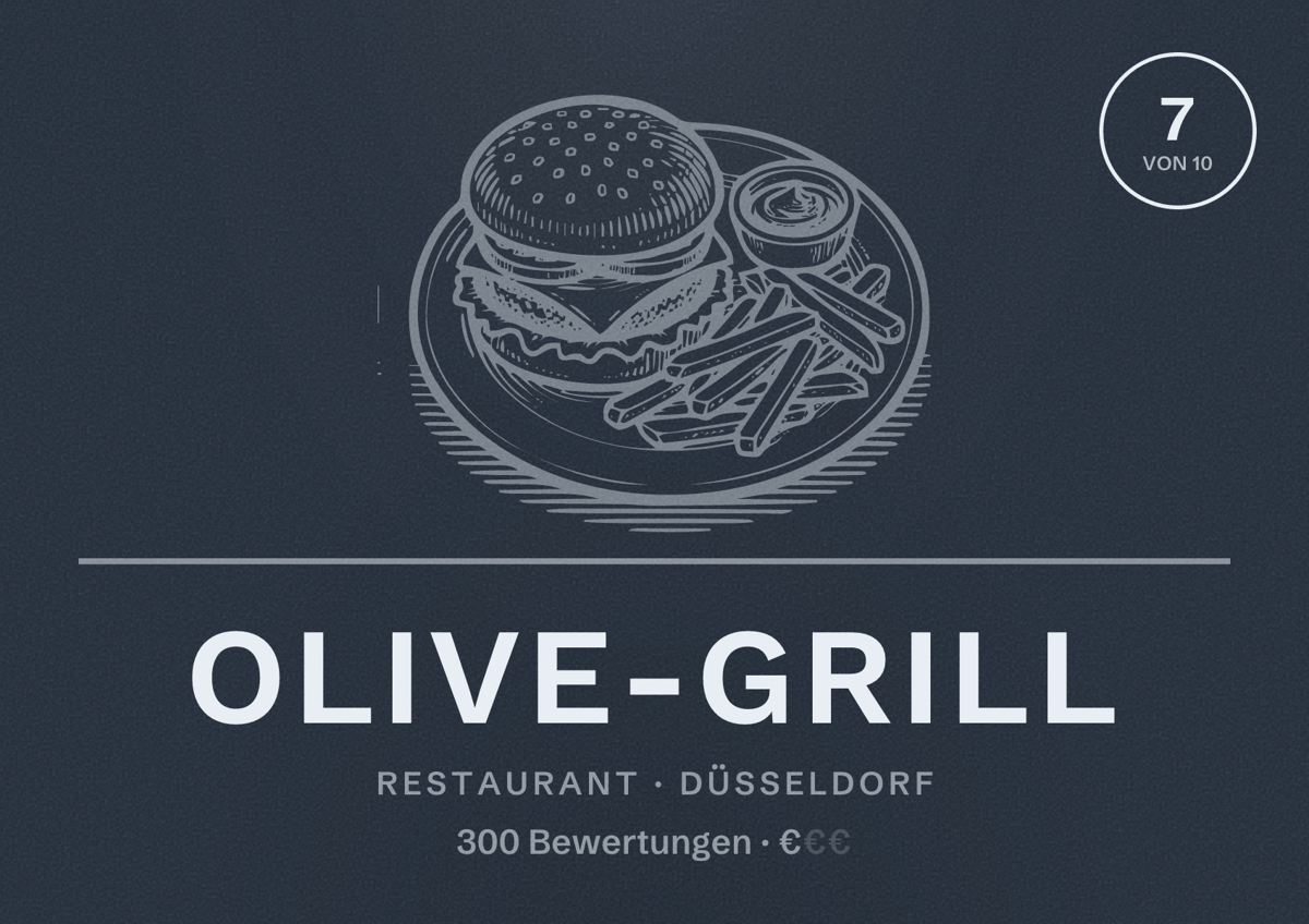 Illustriertes Poster von Olive-Grill, Restaurant in Düsseldorf: Bewertung 7 von 10 aus 300 Bewertungen, Preisniveau €