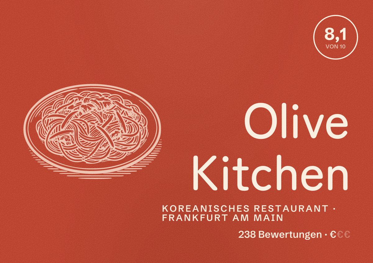 Illustriertes Poster von Olive Kitchen, Koreanisches Restaurant in Frankfurt am Main: Bewertung 8,1 von 10 aus 238 Bewertungen, Preisniveau €