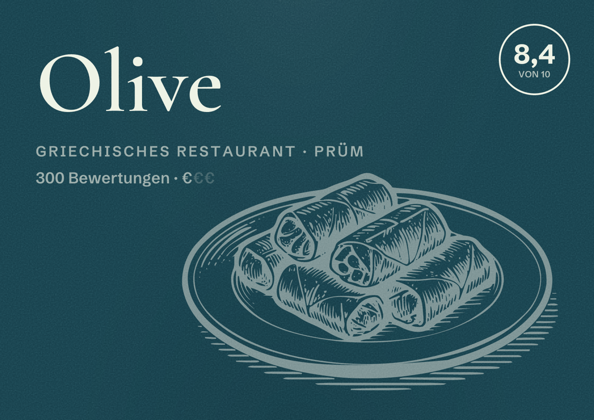 Illustriertes Poster von Olive, Griechisches Restaurant in Prüm: Bewertung 8,4 von 10 aus 300 Bewertungen, Preisniveau €