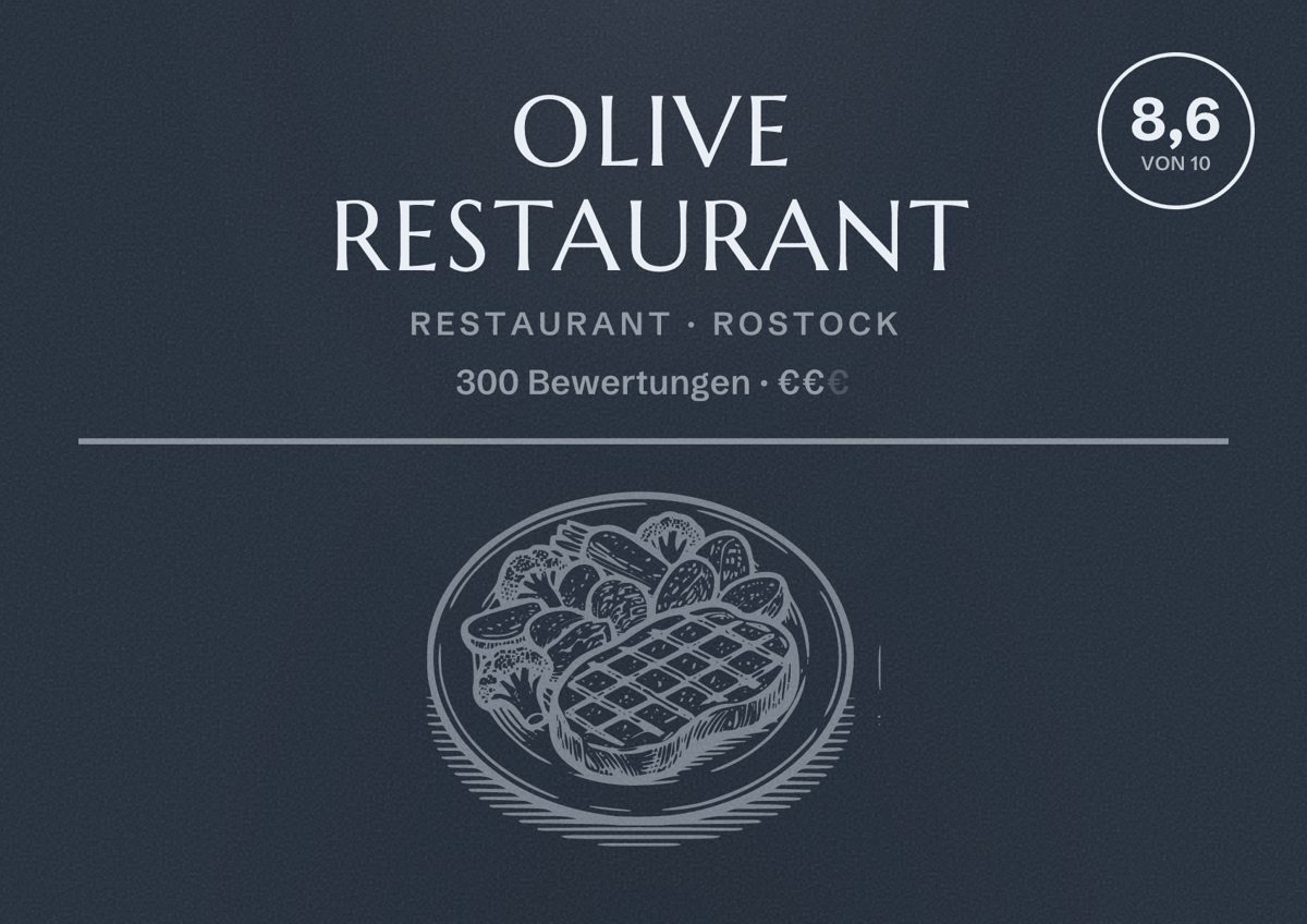 Illustriertes Poster von Olive Restaurant, Restaurant in Rostock: Bewertung 8,6 von 10 aus 300 Bewertungen, Preisniveau €€