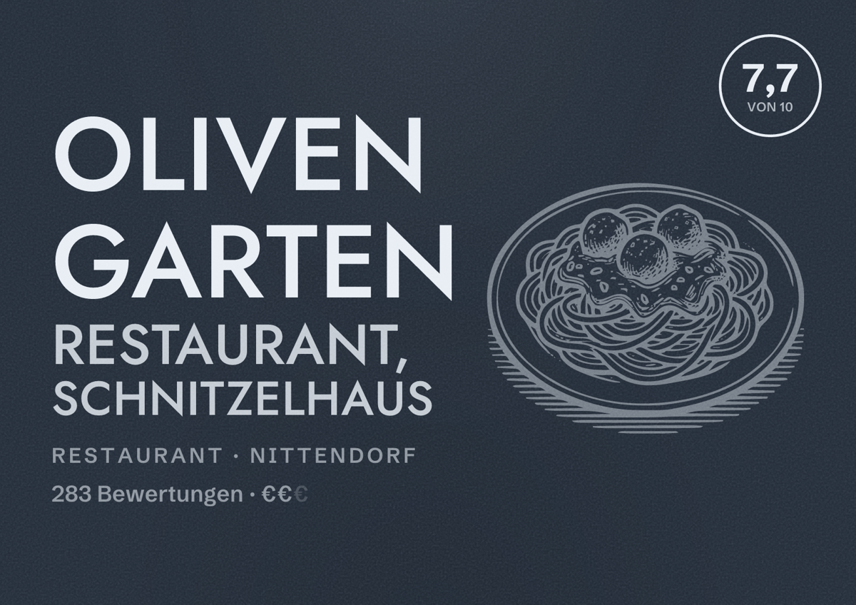 Illustriertes Poster von Oliven Garten Restaurant, Schnitzelhaus, Restaurant in Nittendorf: Bewertung 7,7 von 10 aus 283 Bewertungen, Preisniveau €€
