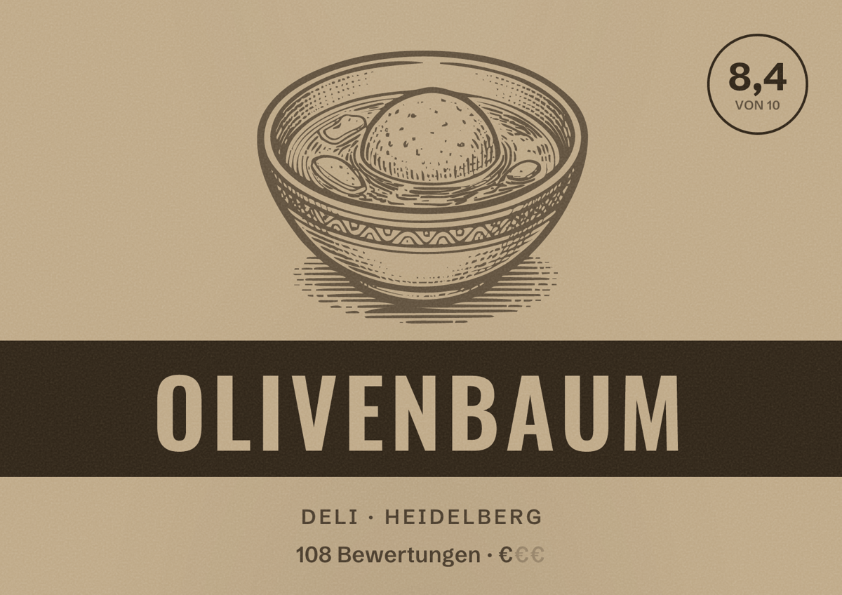 Illustriertes Poster von Olivenbaum, Deli in Heidelberg: Bewertung 8,4 von 10 aus 108 Bewertungen, Preisniveau €