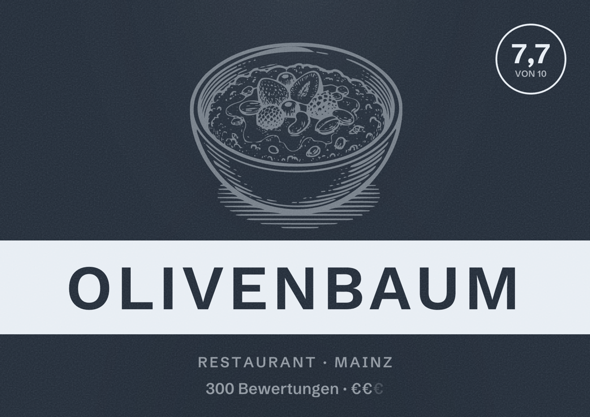 Illustriertes Poster von Olivenbaum, Restaurant in Mainz: Bewertung 7,7 von 10 aus 300 Bewertungen, Preisniveau €€