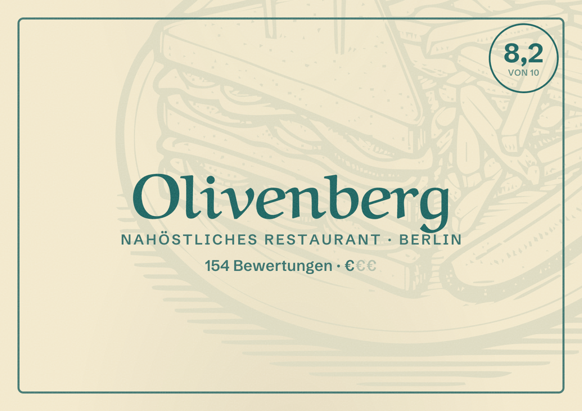 Illustriertes Poster von Olivenberg, Nahöstliches Restaurant in Berlin: Bewertung 8,2 von 10 aus 154 Bewertungen, Preisniveau €