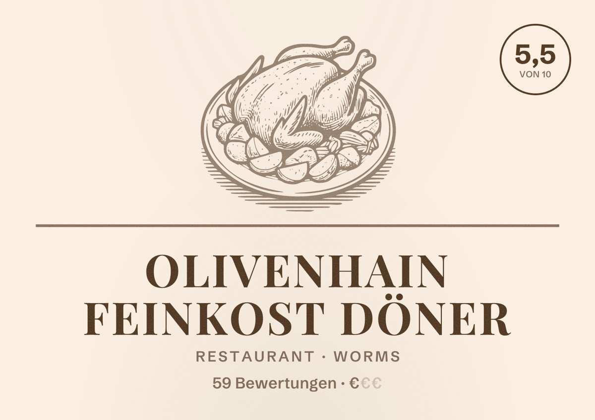 Illustriertes Poster von Olivenhain Feinkost Döner, Restaurant in Worms: Bewertung 5,5 von 10 aus 59 Bewertungen, Preisniveau €