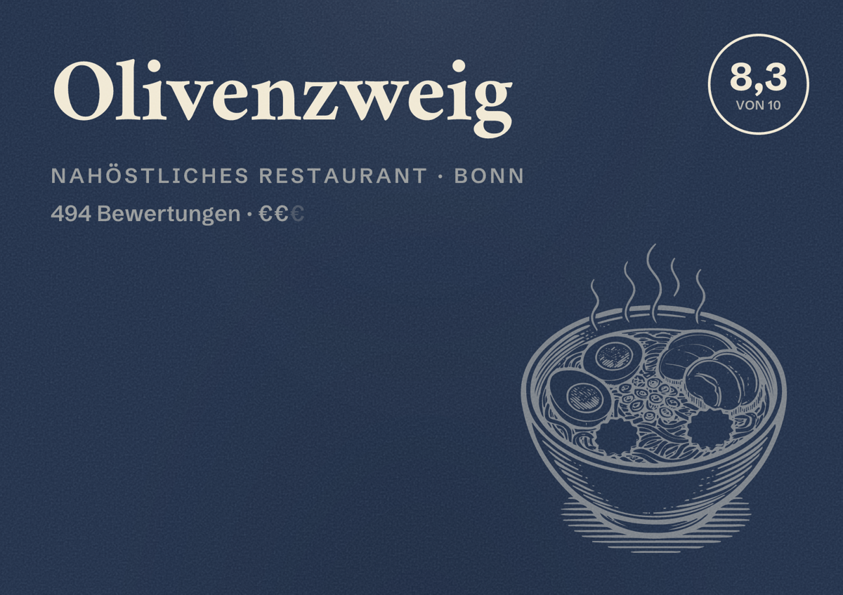 Illustriertes Poster von Olivenzweig, Nahöstliches Restaurant in Bonn: Bewertung 8,3 von 10 aus 494 Bewertungen, Preisniveau €€