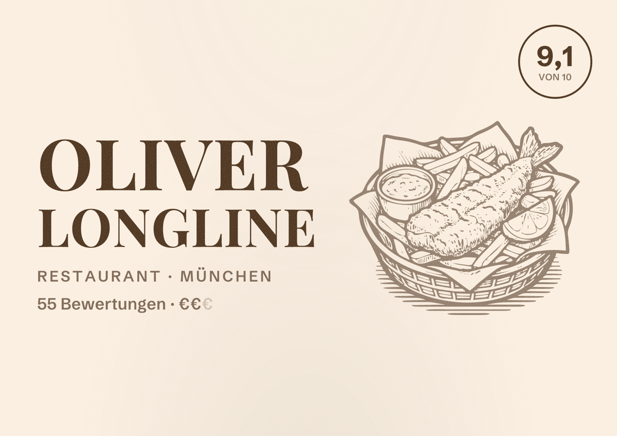 Illustriertes Poster von OLIVER LONGLINE, Restaurant in München: Bewertung 9,1 von 10 aus 55 Bewertungen, Preisniveau €€