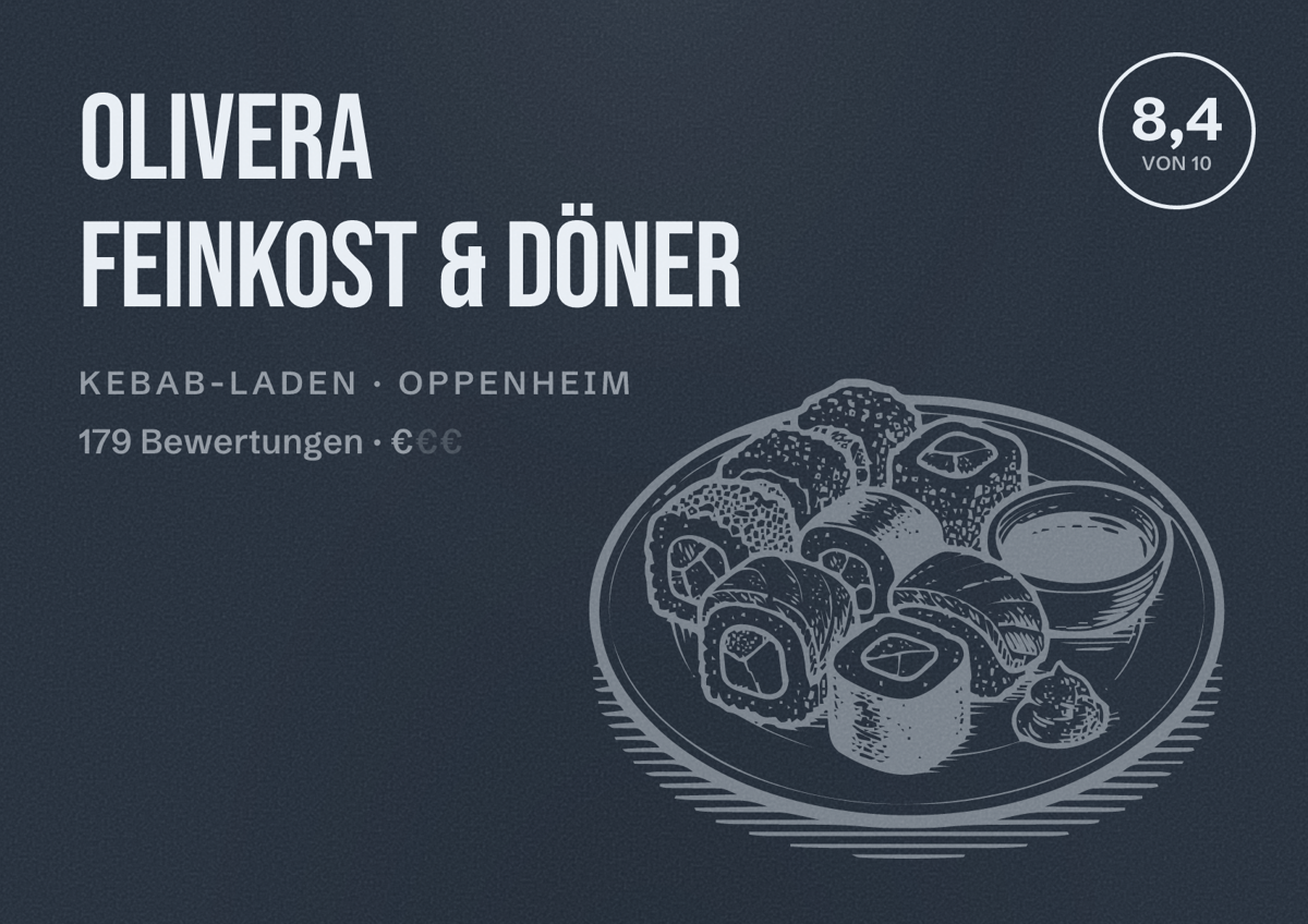 Illustriertes Poster von Olivera Feinkost & Döner, Kebab-Laden in Oppenheim: Bewertung 8,4 von 10 aus 179 Bewertungen, Preisniveau €