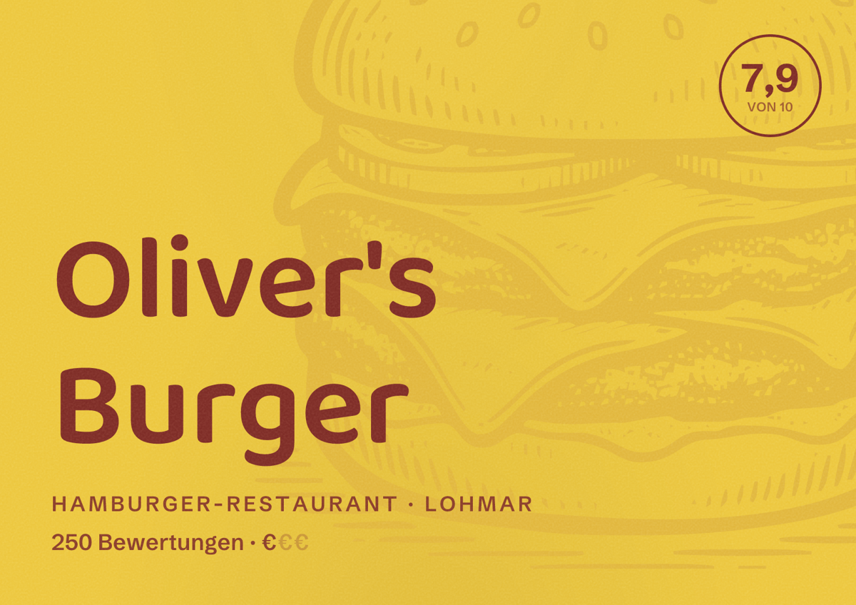 Illustriertes Poster von Oliver's Burger, Hamburger-Restaurant in Lohmar: Bewertung 7,9 von 10 aus 250 Bewertungen, Preisniveau €