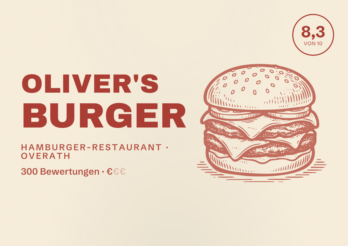 Illustriertes Poster von Oliver's Burger, Hamburger-Restaurant in Overath: Bewertung 8,3 von 10 aus 300 Bewertungen, Preisniveau €