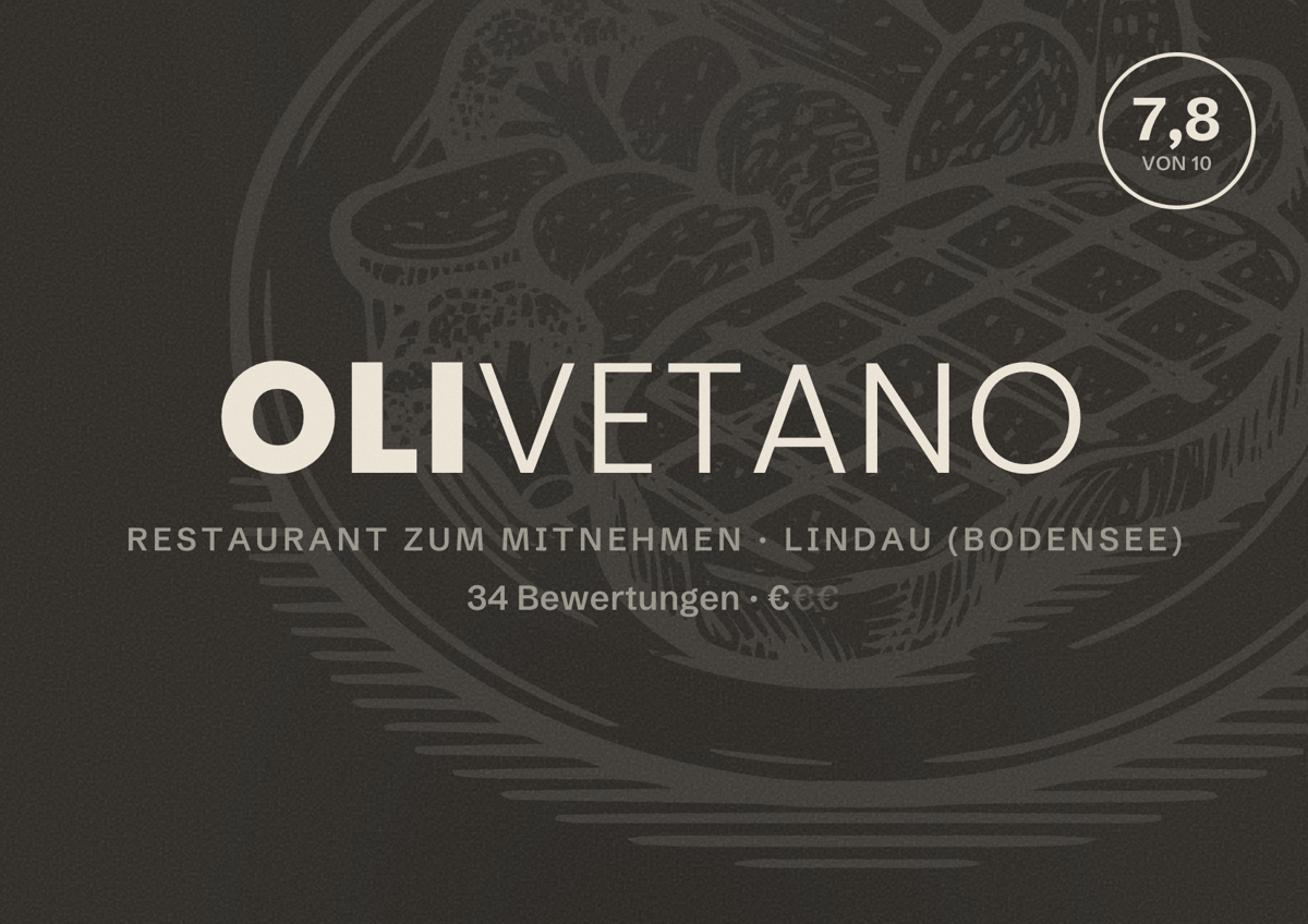 Illustriertes Poster von Olivetano, Restaurant zum Mitnehmen in Lindau (Bodensee): Bewertung 7,8 von 10 aus 34 Bewertungen, Preisniveau €