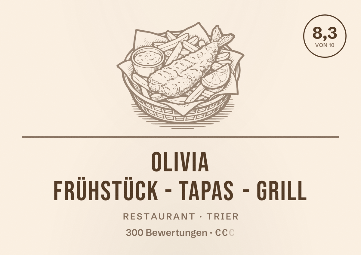 Illustriertes Poster von OLIVIA Frühstück - Tapas - Grill, Restaurant in Trier: Bewertung 8,3 von 10 aus 300 Bewertungen, Preisniveau €€