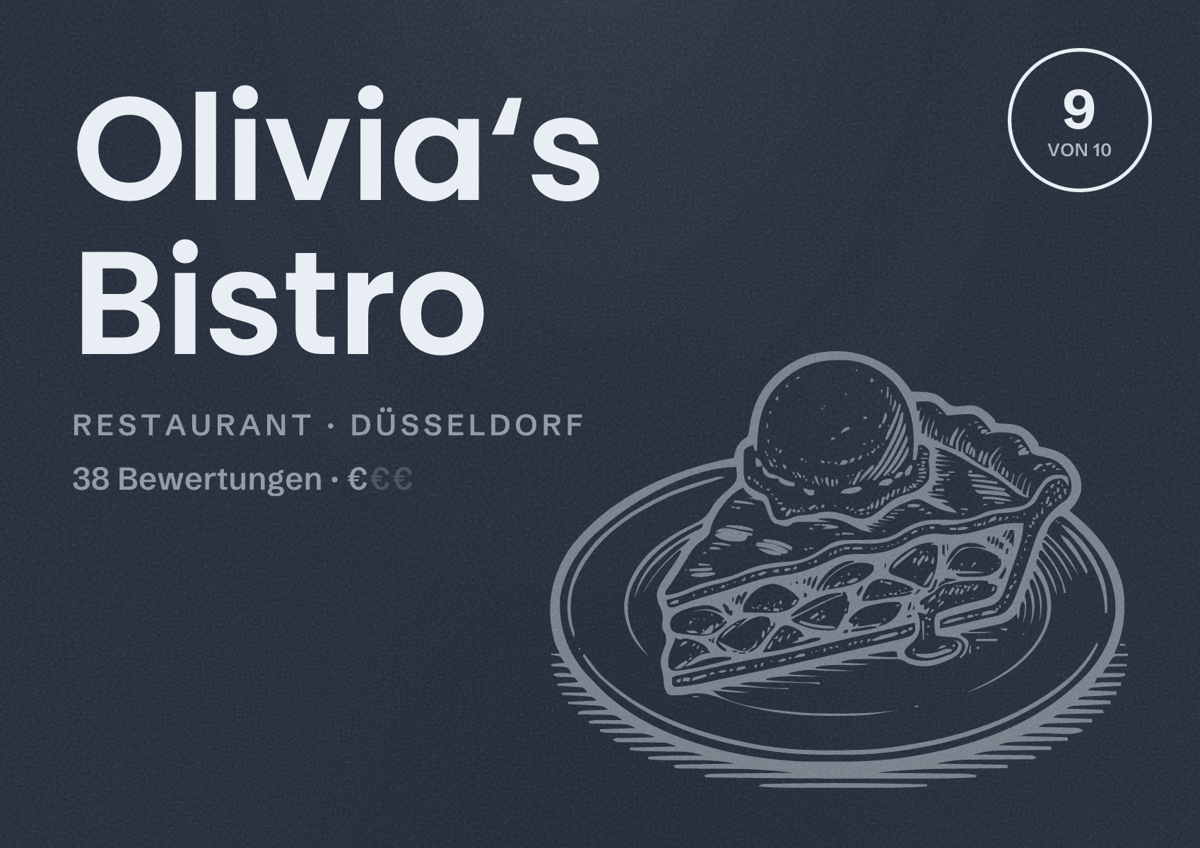 Illustriertes Poster von Olivia‘s Bistro, Restaurant in Düsseldorf: Bewertung 9,0 von 10 aus 38 Bewertungen, Preisniveau €