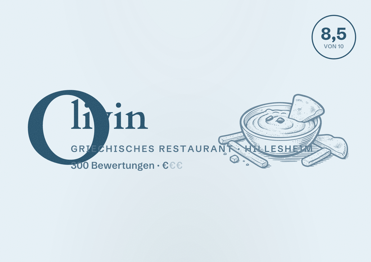 Illustriertes Poster von Olivin, Griechisches Restaurant in Hillesheim: Bewertung 8,5 von 10 aus 300 Bewertungen, Preisniveau €