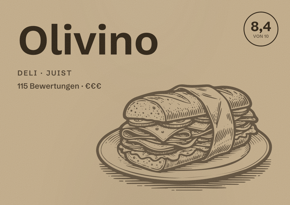 Illustriertes Poster von Olivino, Deli in Juist: Bewertung 8,4 von 10 aus 115 Bewertungen, Preisniveau €€€