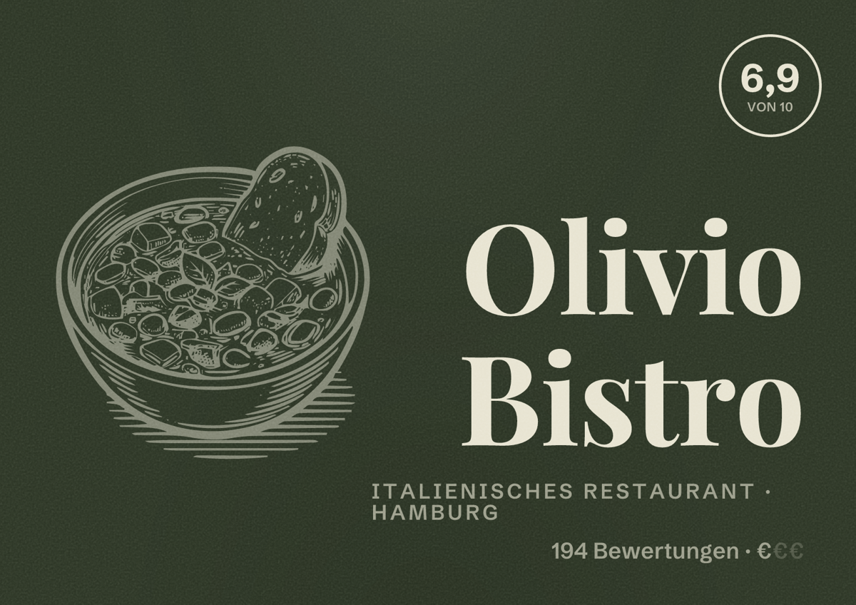 Illustriertes Poster von Olivio Bistro, Italienisches Restaurant in Hamburg: Bewertung 6,9 von 10 aus 194 Bewertungen, Preisniveau €