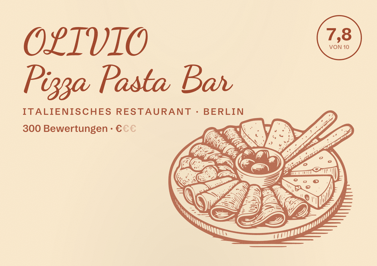 Illustriertes Poster von OLIVIO Pizza Pasta Bar, Italienisches Restaurant in Berlin: Bewertung 7,8 von 10 aus 300 Bewertungen, Preisniveau €