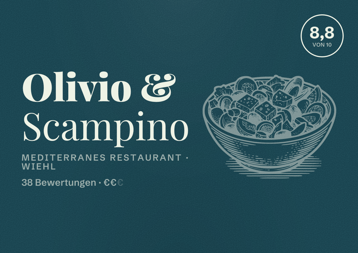 Illustriertes Poster von Olivio & Scampino, Mediterranes Restaurant in Wiehl: Bewertung 8,8 von 10 aus 38 Bewertungen, Preisniveau €€