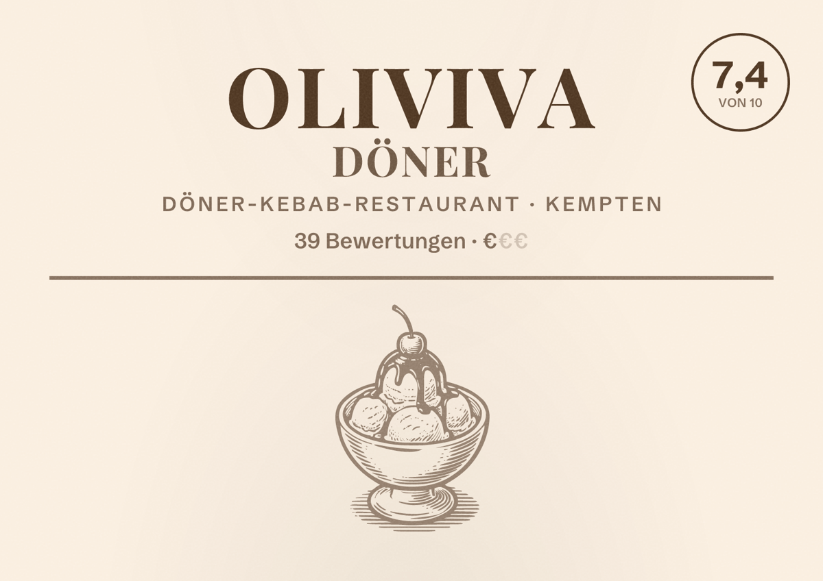 Illustriertes Poster von Oliviva döner, Döner-Kebab-Restaurant in Kempten: Bewertung 7,4 von 10 aus 39 Bewertungen, Preisniveau €