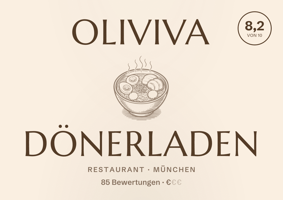 Illustriertes Poster von Oliviva Dönerladen, Restaurant in München: Bewertung 8,2 von 10 aus 85 Bewertungen, Preisniveau €