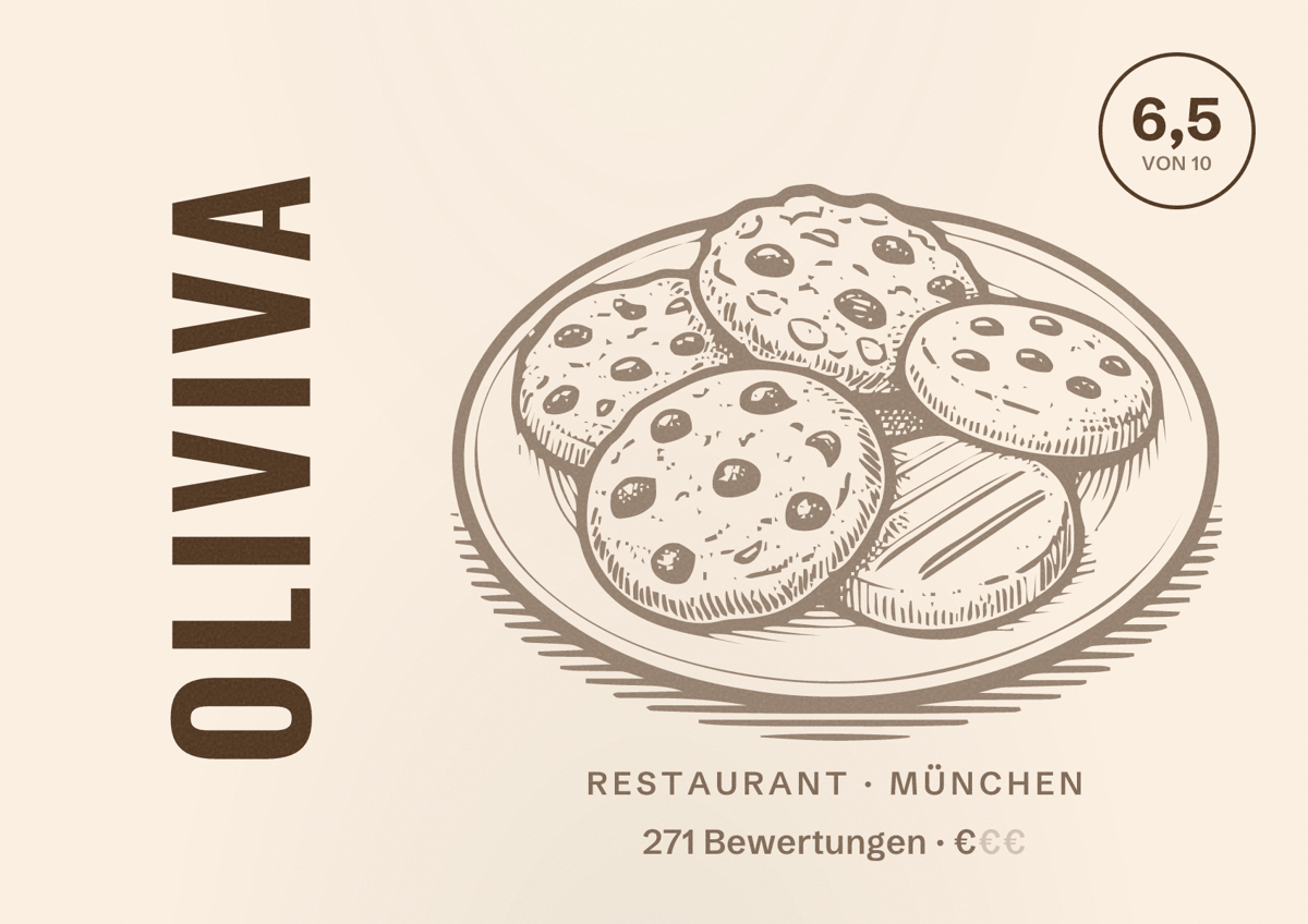Illustriertes Poster von Oliviva, Restaurant in München: Bewertung 6,5 von 10 aus 271 Bewertungen, Preisniveau €