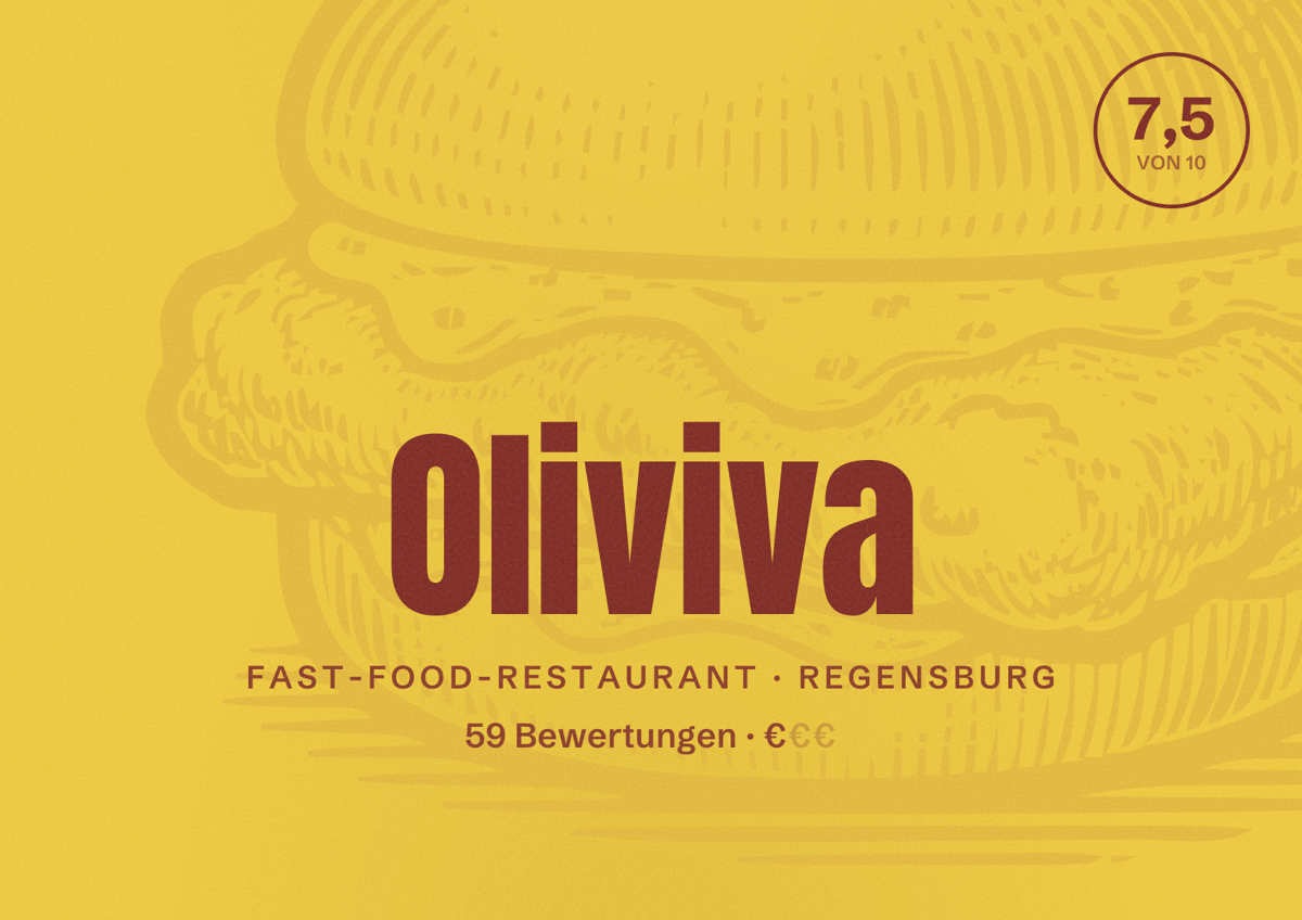 Illustriertes Poster von Oliviva, Fast-Food-Restaurant in Regensburg: Bewertung 7,5 von 10 aus 59 Bewertungen, Preisniveau €