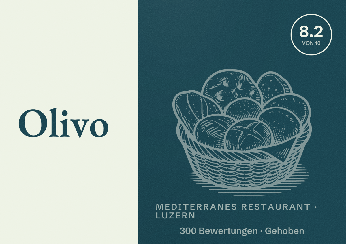 Illustriertes Poster von Olivo, Mediterranes Restaurant in Luzern: Bewertung 8.2 von 10 aus 300 Bewertungen, Preisniveau Gehoben