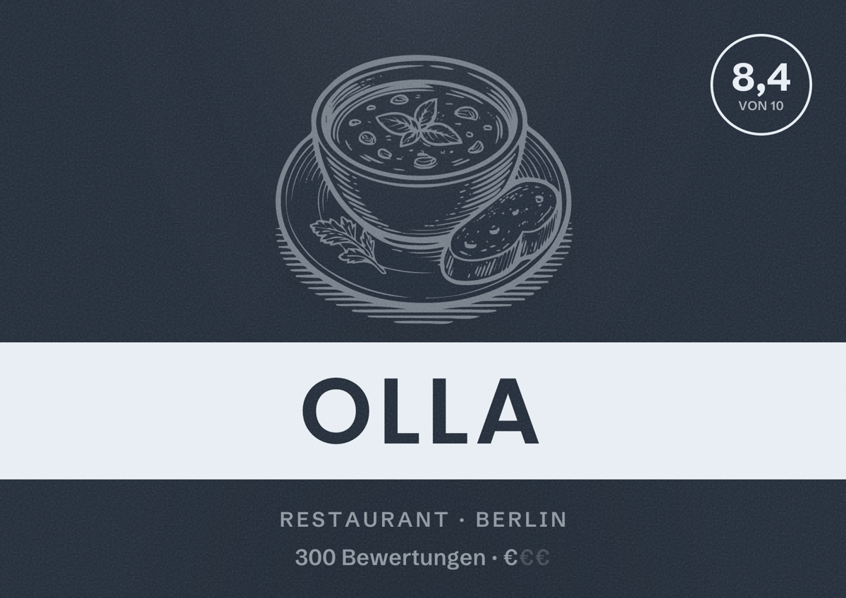 Illustriertes Poster von Olla, Restaurant in Berlin: Bewertung 8,4 von 10 aus 300 Bewertungen, Preisniveau €