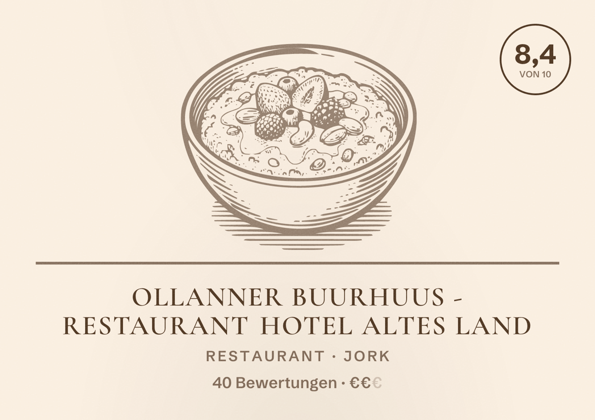 Illustriertes Poster von Ollanner Buurhuus - Restaurant Hotel Altes Land, Restaurant in Jork: Bewertung 8,4 von 10 aus 40 Bewertungen, Preisniveau €€