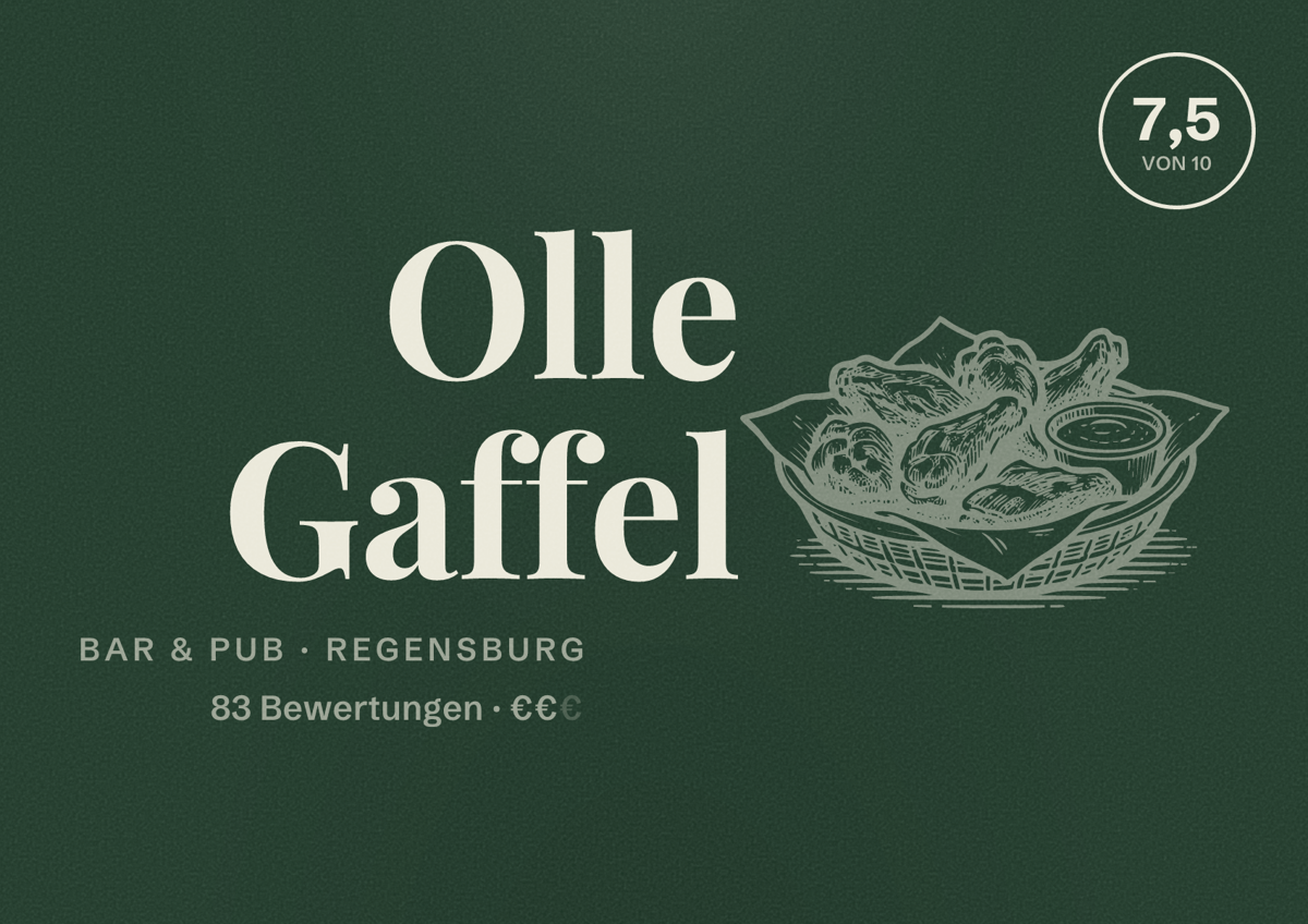 Illustriertes Poster von Olle Gaffel, Bar & Pub in Regensburg: Bewertung 7,5 von 10 aus 83 Bewertungen, Preisniveau €€
