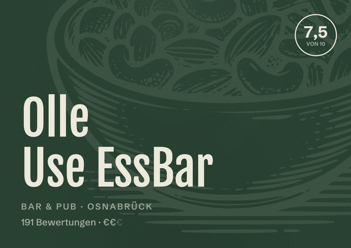Illustriertes Poster von Olle Use EssBar, Bar & Pub in Osnabrück: Bewertung 7,5 von 10 aus 191 Bewertungen, Preisniveau €€