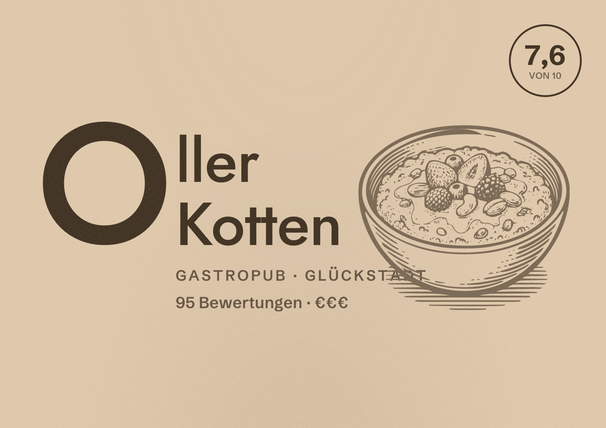 Illustriertes Poster von Oller Kotten, Gastropub in Glückstadt: Bewertung 7,6 von 10 aus 95 Bewertungen, Preisniveau €€€