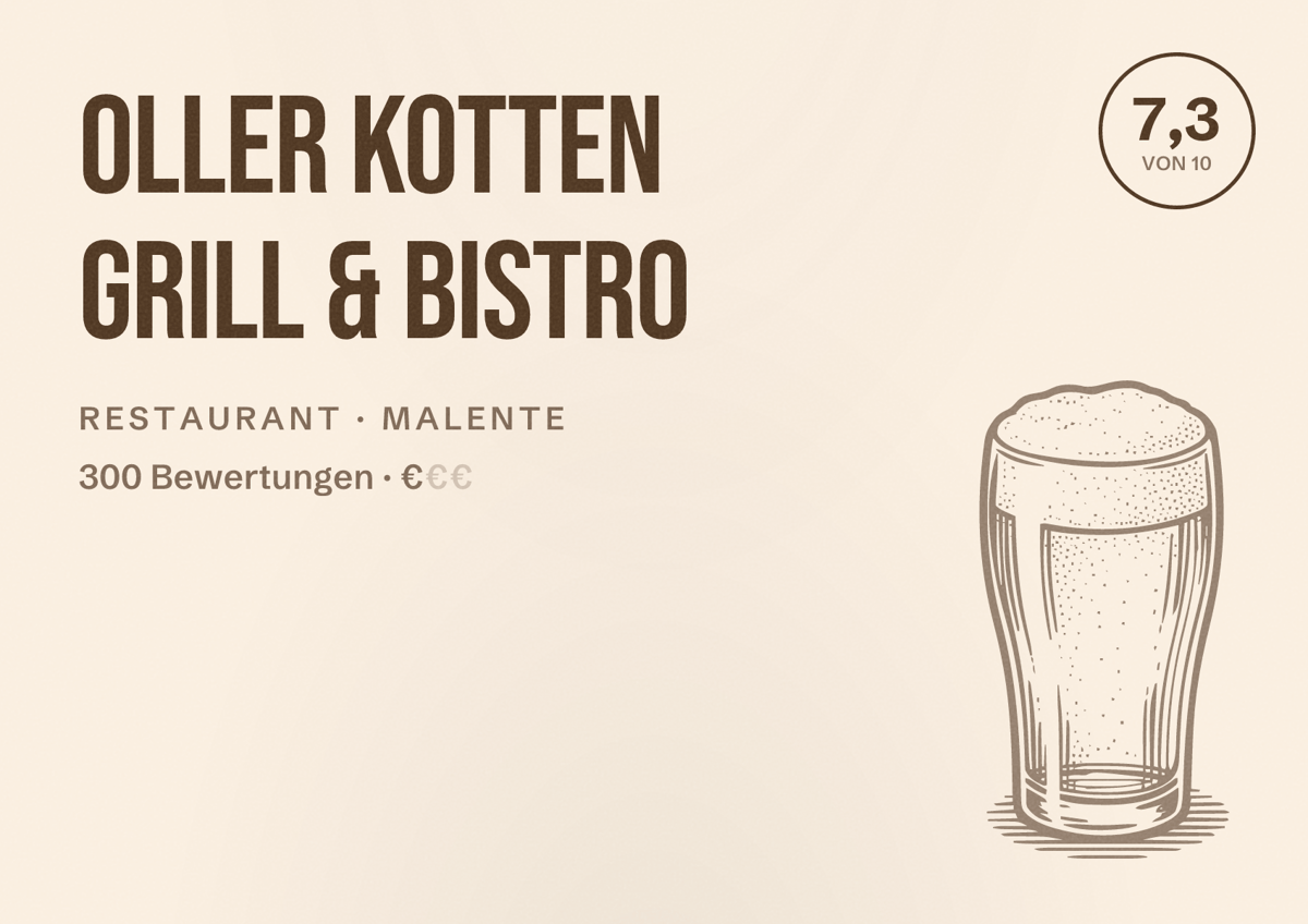Illustriertes Poster von Oller Kotten Grill & Bistro, Restaurant in Malente: Bewertung 7,3 von 10 aus 300 Bewertungen, Preisniveau €