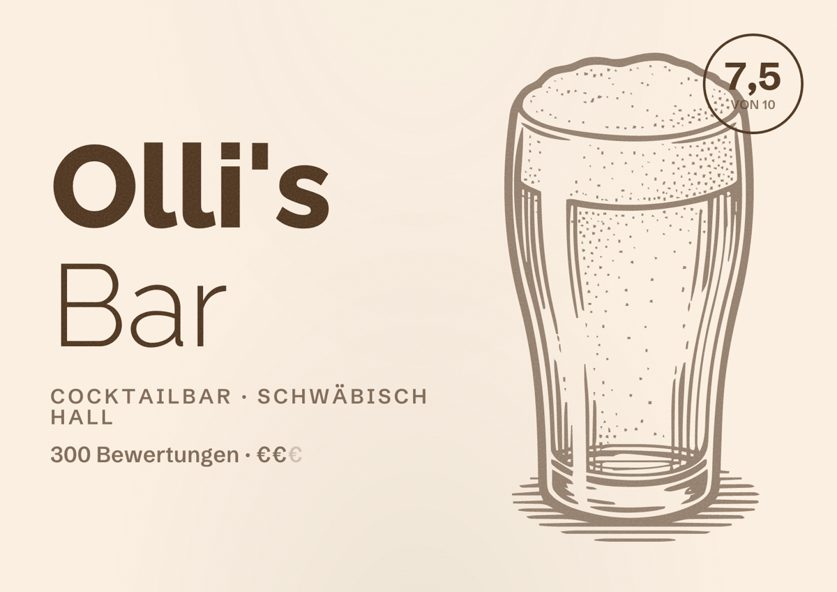 Illustriertes Poster von Olli's Bar, Cocktailbar in Schwäbisch Hall: Bewertung 7,5 von 10 aus 300 Bewertungen, Preisniveau €€
