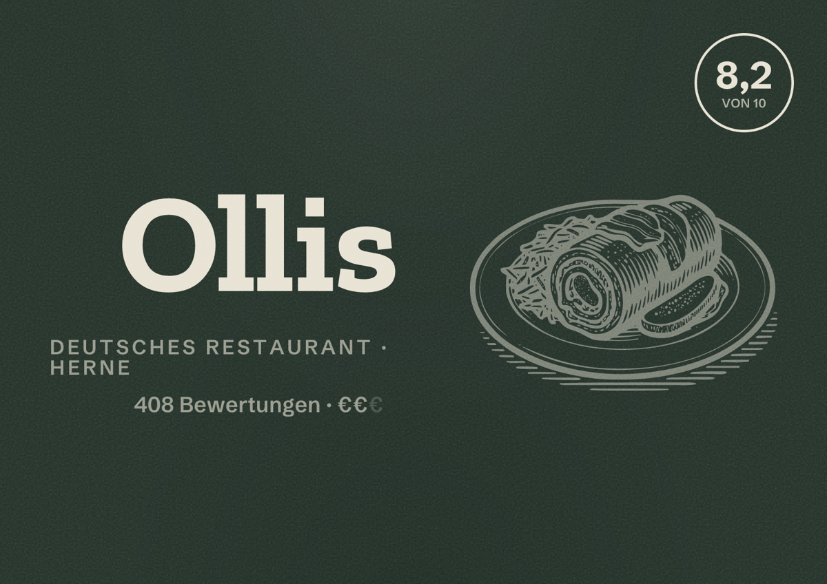 Illustriertes Poster von Ollis, Deutsches Restaurant in Herne: Bewertung 8,2 von 10 aus 408 Bewertungen, Preisniveau €€