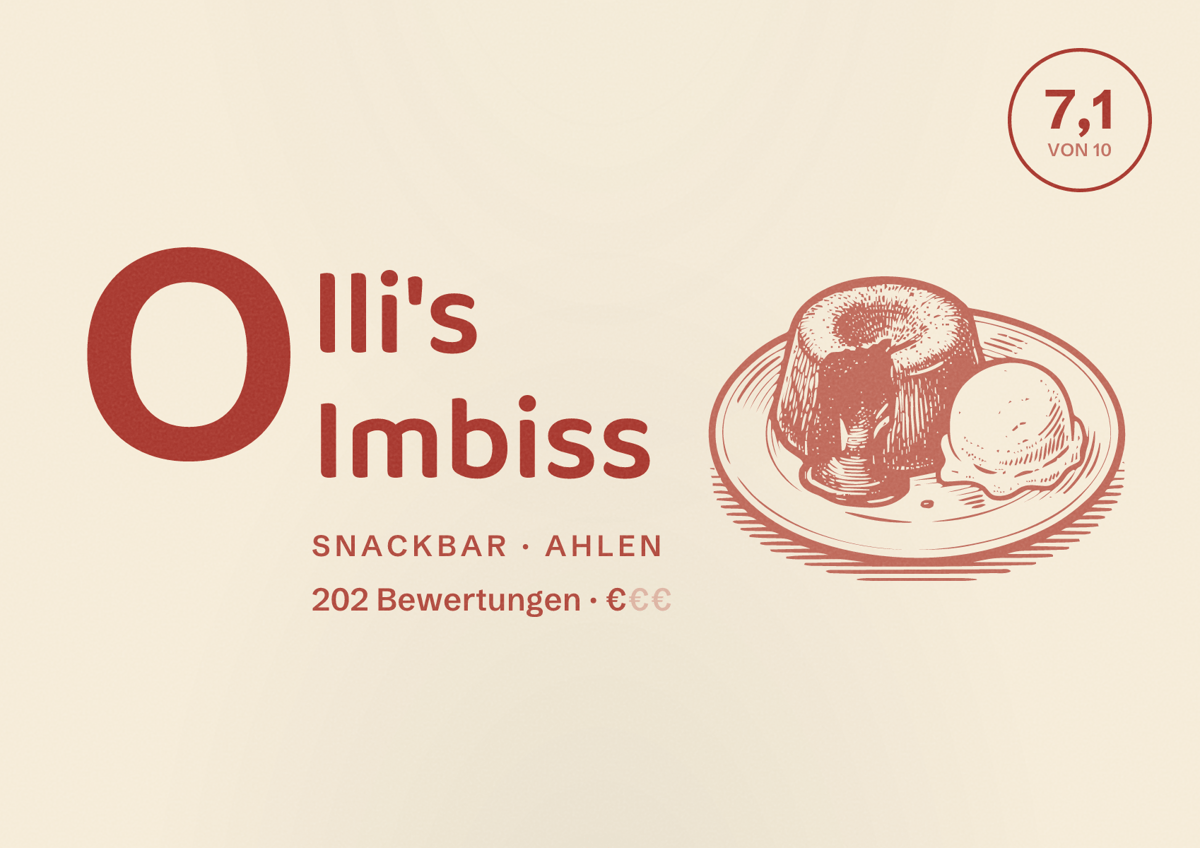Illustriertes Poster von Olli's Imbiss, Snackbar in Ahlen: Bewertung 7,1 von 10 aus 202 Bewertungen, Preisniveau €