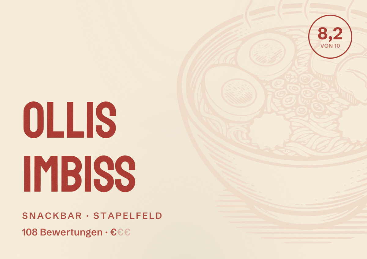 Illustriertes Poster von Ollis Imbiss, Snackbar in Stapelfeld: Bewertung 8,2 von 10 aus 108 Bewertungen, Preisniveau €
