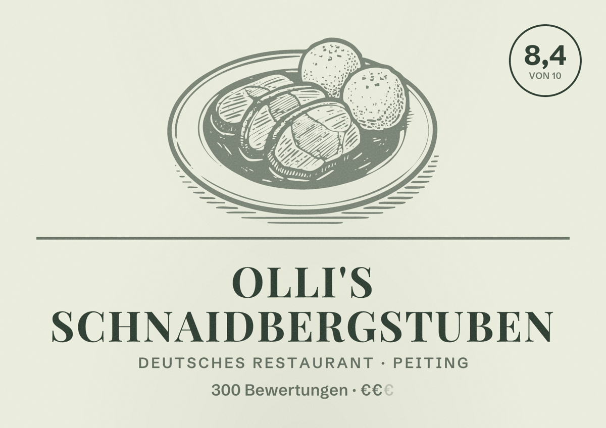 Illustriertes Poster von Olli's Schnaidbergstuben, Deutsches Restaurant in Peiting: Bewertung 8,4 von 10 aus 300 Bewertungen, Preisniveau €€
