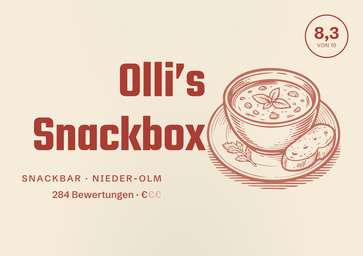 Illustriertes Poster von Olli’s Snackbox, Snackbar in Nieder-Olm: Bewertung 8,3 von 10 aus 284 Bewertungen, Preisniveau €