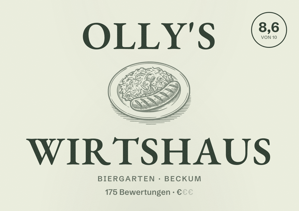 Illustriertes Poster von Olly's Wirtshaus, Biergarten in Beckum: Bewertung 8,6 von 10 aus 175 Bewertungen, Preisniveau €