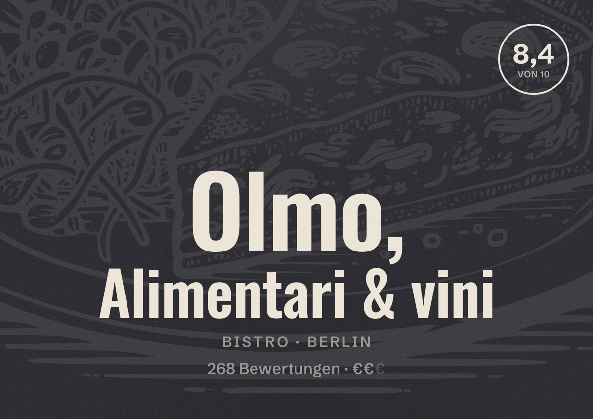 Illustriertes Poster von Olmo, Alimentari & vini, Bistro in Berlin: Bewertung 8,4 von 10 aus 268 Bewertungen, Preisniveau €€