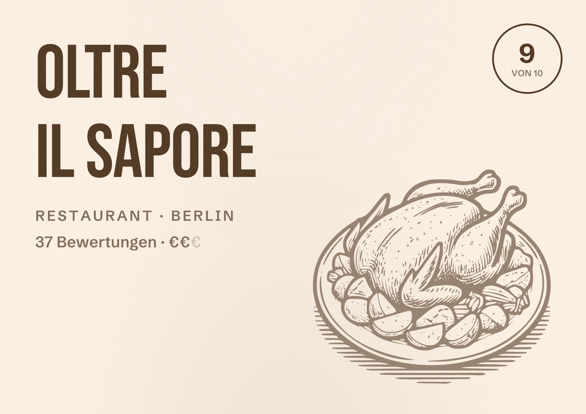 Illustriertes Poster von Oltre il Sapore, Restaurant in Berlin: Bewertung 9,0 von 10 aus 37 Bewertungen, Preisniveau €€