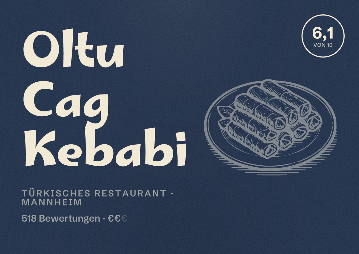 Illustriertes Poster von Oltu Cag Kebabi, Türkisches Restaurant in Mannheim: Bewertung 6,1 von 10 aus 518 Bewertungen, Preisniveau €€