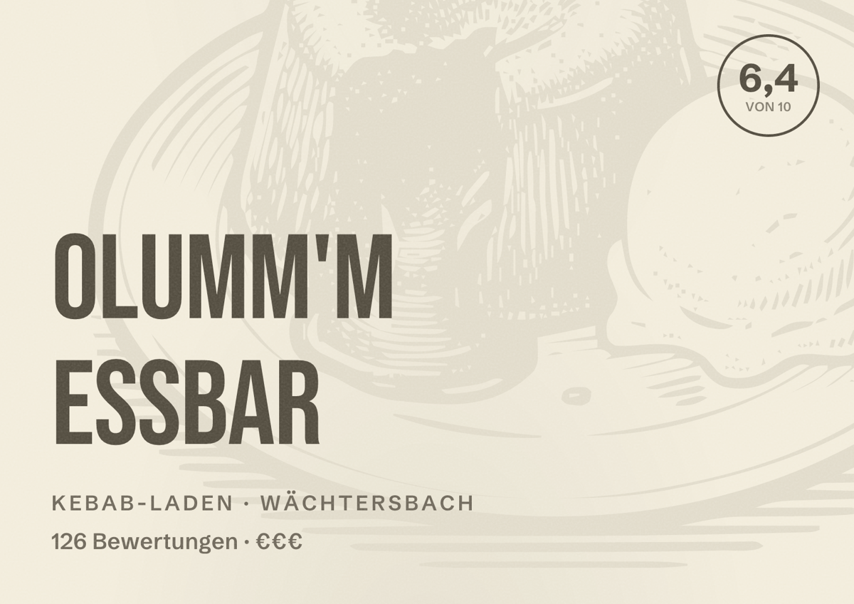 Illustriertes Poster von Olumm'm Essbar, Kebab-Laden in Wächtersbach: Bewertung 6,4 von 10 aus 126 Bewertungen, Preisniveau €€€