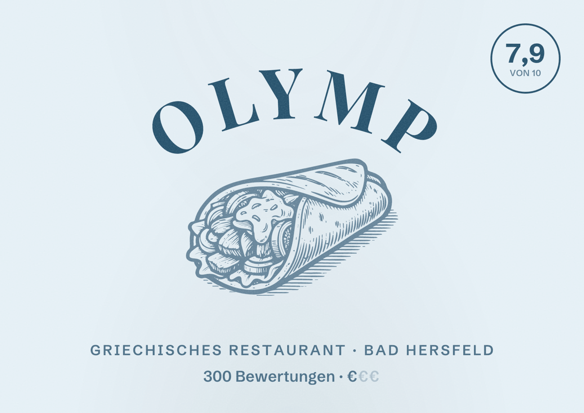 Illustriertes Poster von Olymp, Griechisches Restaurant in Bad Hersfeld: Bewertung 7,9 von 10 aus 300 Bewertungen, Preisniveau €