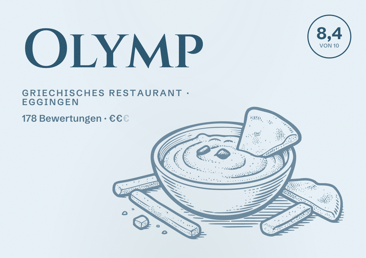 Illustriertes Poster von Olymp, Griechisches Restaurant in Eggingen: Bewertung 8,4 von 10 aus 178 Bewertungen, Preisniveau €€