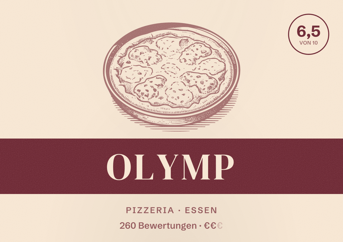 Illustriertes Poster von OLYMP, Pizzeria in Essen: Bewertung 6,5 von 10 aus 260 Bewertungen, Preisniveau €€